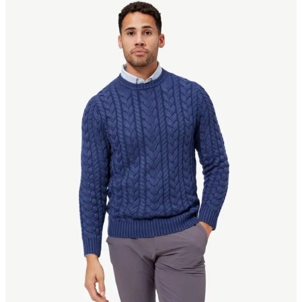 Mizzen + Main Sweater Mens Large Pullover Redford Cable Knit Blue Grandpop NWT - Picture 3 of 8